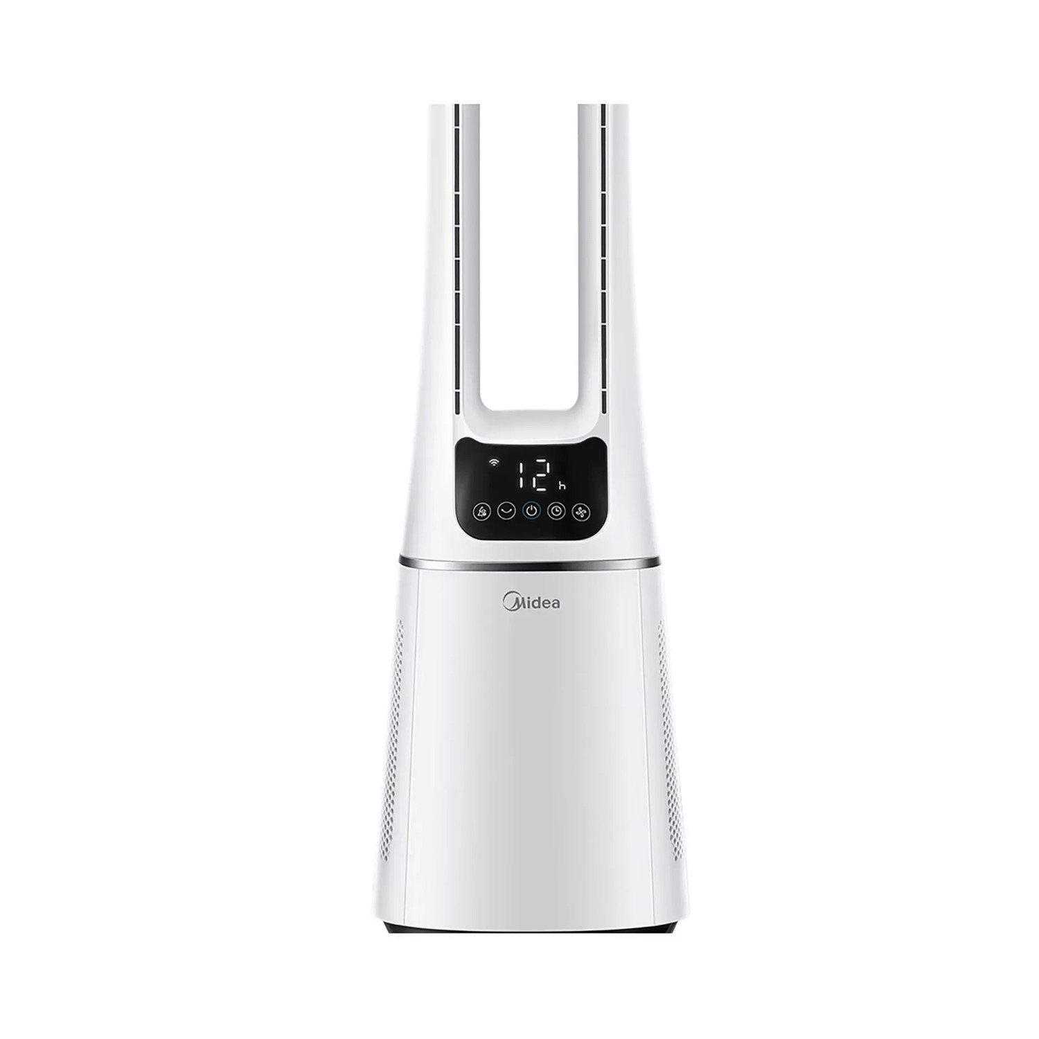 Weißer Midea Turmventilator mit Luftreiniger und digitalem Display.