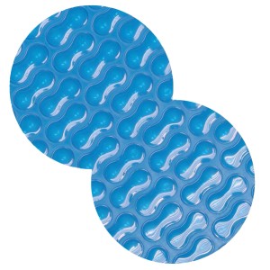 Nahaufnahme der dunkelblauen Evolution Solarplane mit Geobubble-Technologie für Achtform-Pools.