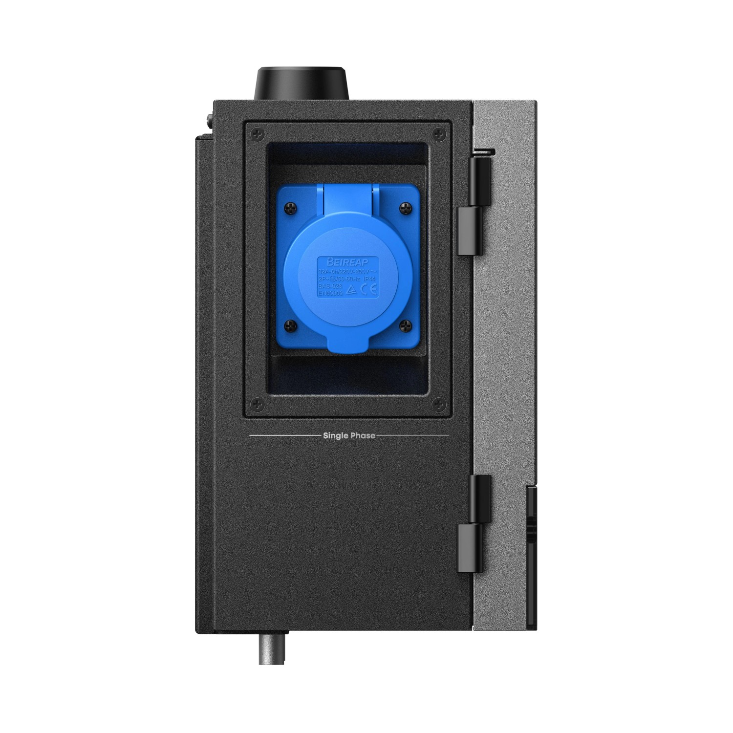 Detailaufnahme des Anker Solix Power Dock mit blauer Einphasen-Steckdose für Balkonkraftwerke.