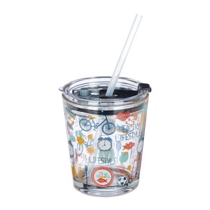 Relaxdays 4er Set Glasbecher Sportmotiv Glas Transparent Bunt mit Deckel und Strohhalm 350 ml 11 x 9 x 9,5 cm
