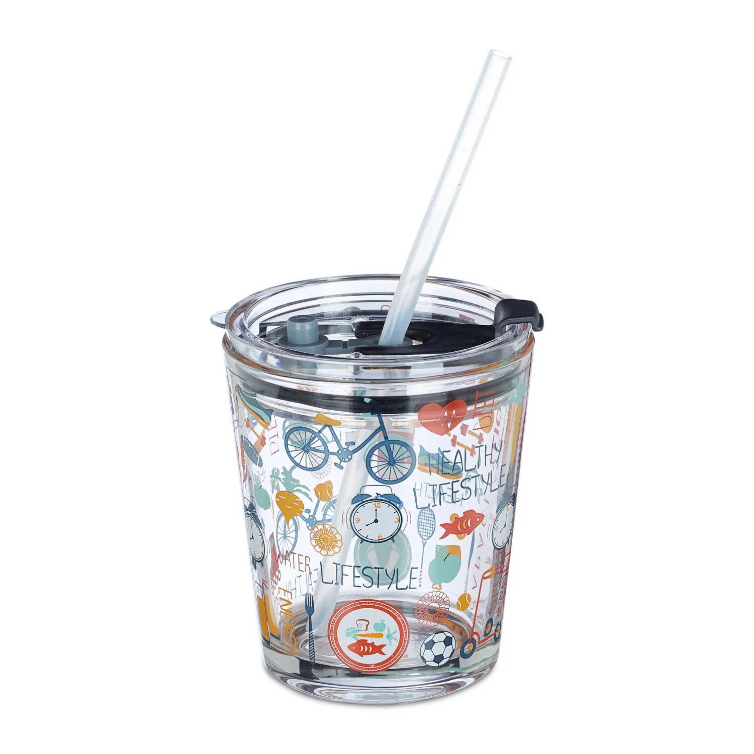 Relaxdays 4er Set Glasbecher Sportmotiv Glas Transparent Bunt mit Deckel und Strohhalm 350 ml 11 x 9 x 9,5 cm