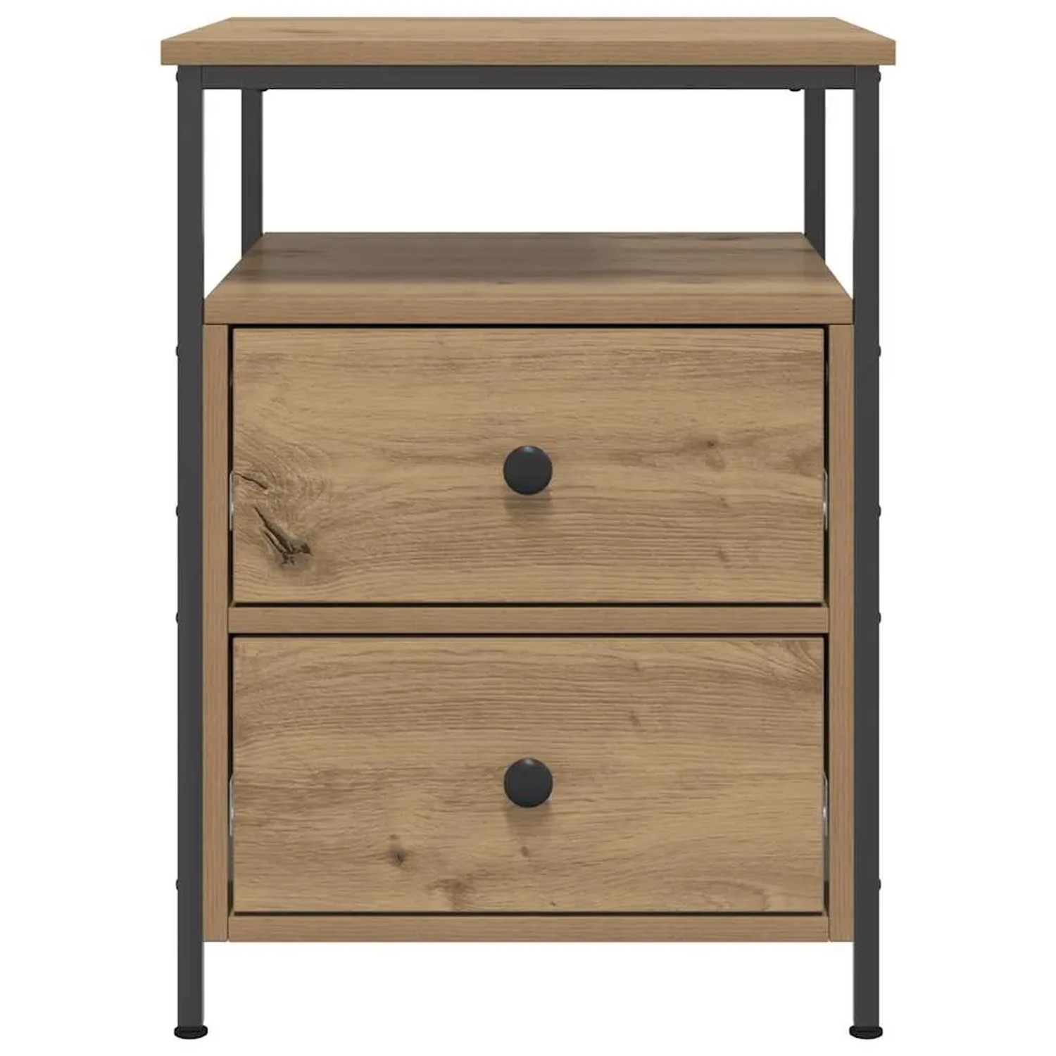 Nachttisch Artisan-Eiche mit 2 Schubladen und offener Ablage. Modernes Design aus Holzwerkstoff und schwarzem Metallgestell.