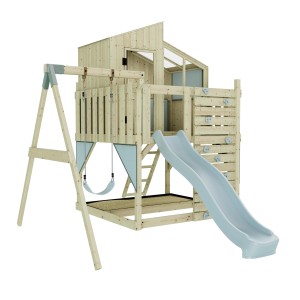 PolarPlay Kinderschaukel Lotta Eisblau mit Spielturm, Rutsche und Kletterwand.