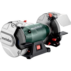 Metabo Doppelschleifmaschine DS 200 Plus mit Schleifscheiben, Funkenschutz und Werkzeugauflage.