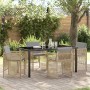 Beige 5-tlg. Garten Essgruppe aus Poly Rattan mit Tisch und Stühlen im Garten.