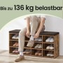 Songmics Sitzbank Custos Schuhständer mit 12 Fächern in Braun, mit Person.