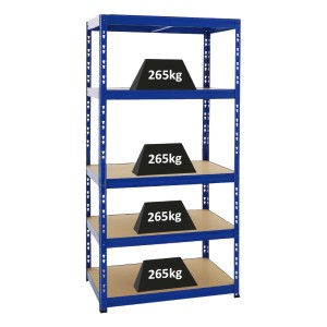 Blaues PROREGAL Schwerlastregal Tiger mit 5 Ebenen und hoher Fachlast.