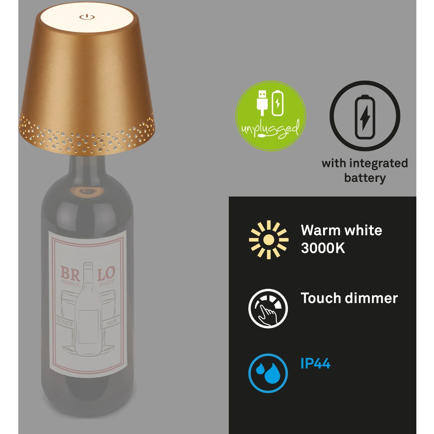 Brilo Akku-Flaschenlicht Flaska Gold-Matt auf Flasche, warmweiß, dimmbar, für stimmungsvolle Deko.