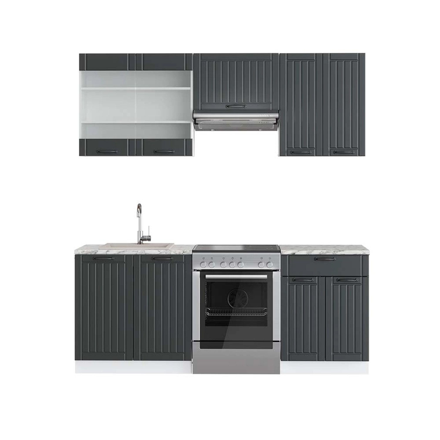 Vicco Fame-Line Küchenzeile Anthrazit Landhaus/Weiß 200 cm AP Marmor günstig online kaufen