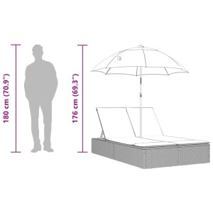 Schwarze Doppel-Sonnenliege mit Sonnenschirm und Kissen aus Polyrattan von VidaXL.
