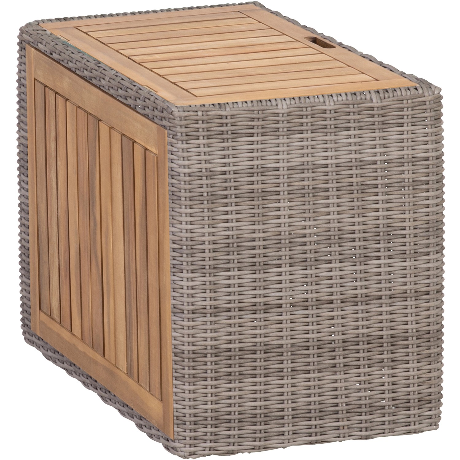 Detailansicht des Lounge-Tisches aus dem Greemotion Olea Wood Set, mit Holzplatte und grauem Polyrattan.