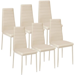 Sechs beige Esszimmerstühle mit hoher Rückenlehne und Kunstlederbezug. Gepolstertes 6er Set für Esszimmer.