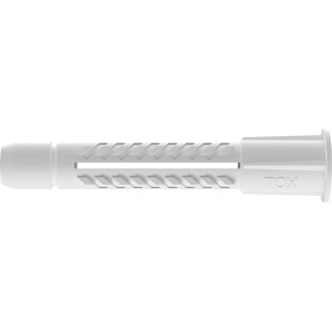 Tox Allzweckdübel Deco 8/49, weiß, mit Dübelkappe und spezieller Geometrie.