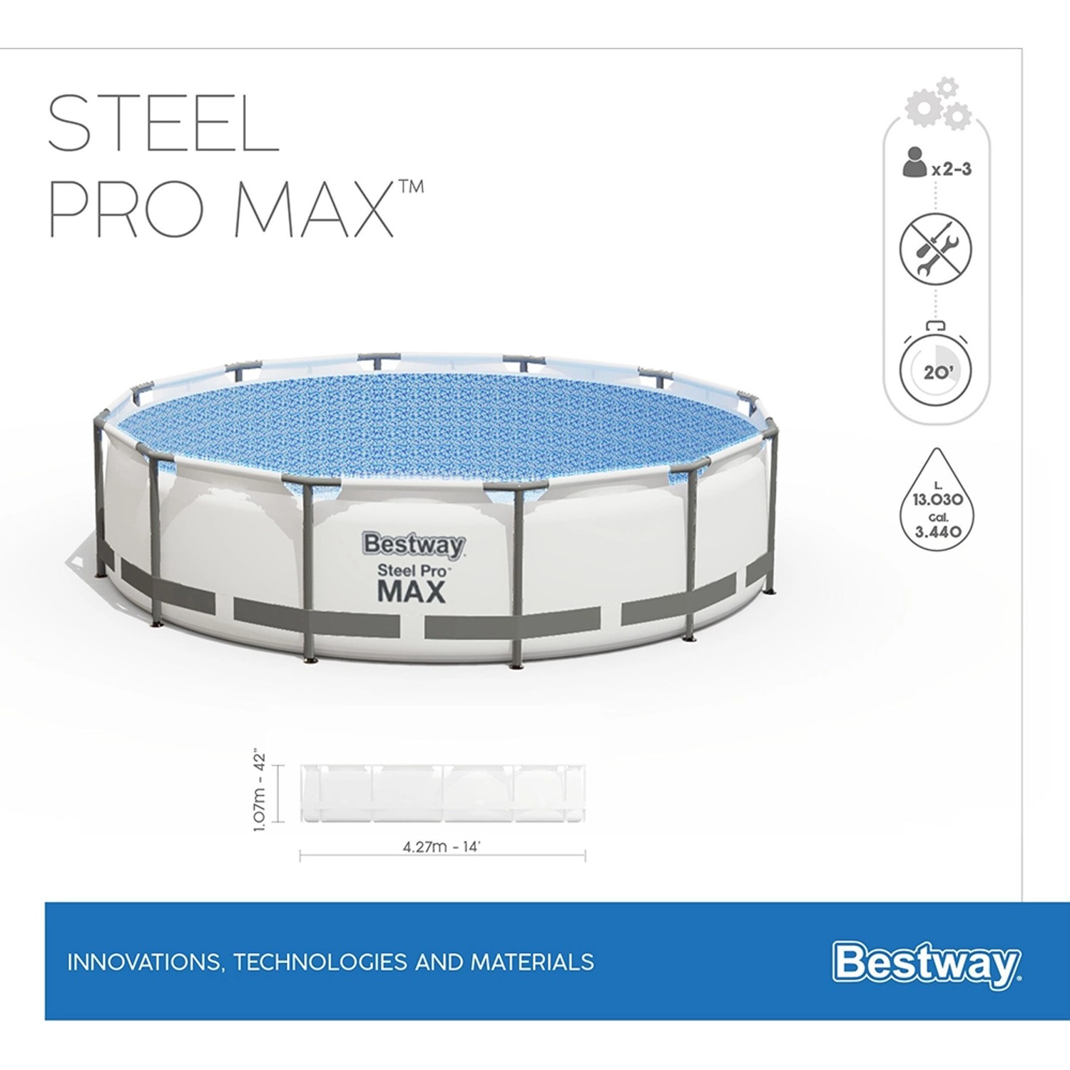 Bestway Stahlrahmenpool Steel Pro Max, Ø 427 cm, mit Abdeckplane. Lichtgrauer, runder Pool für den Garten.