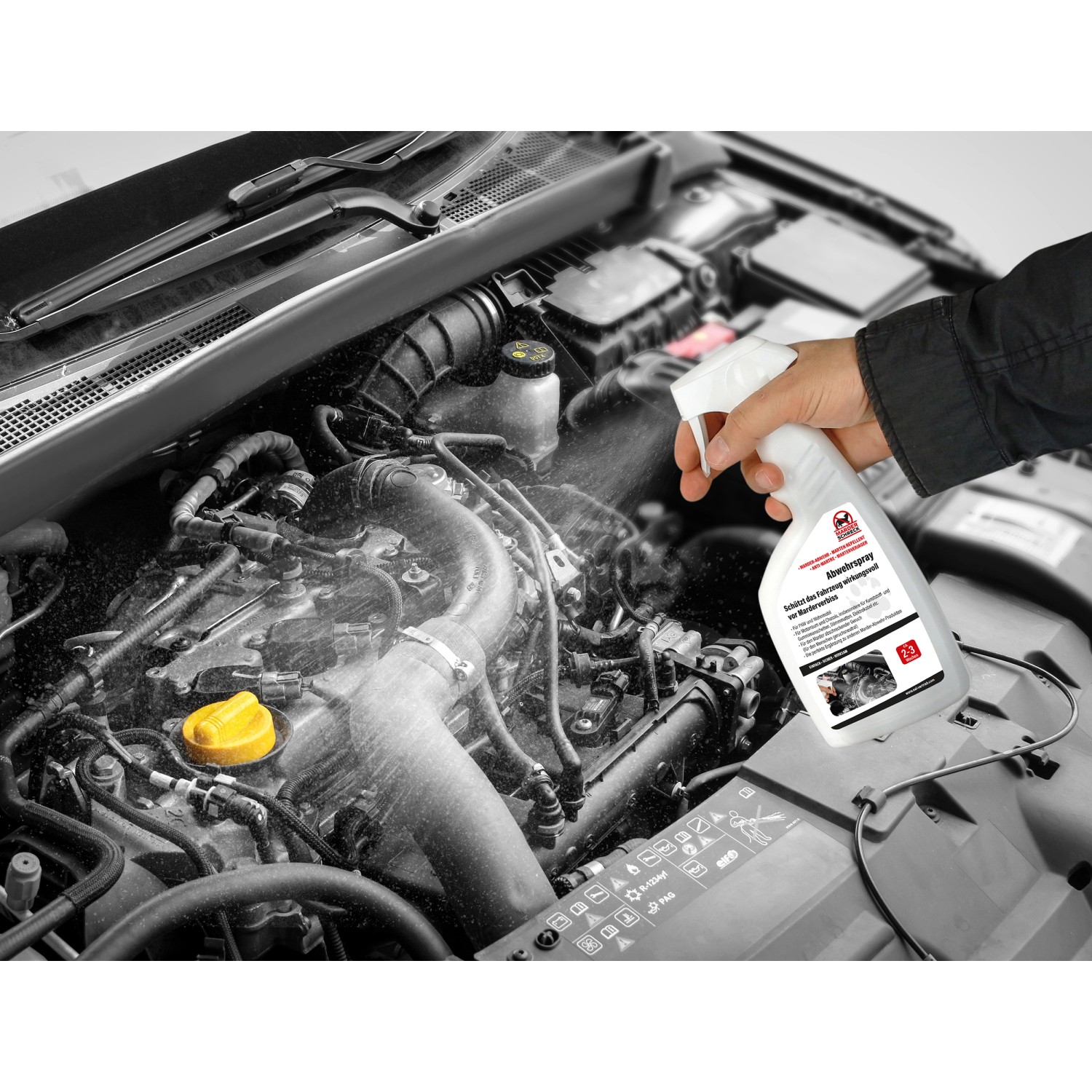 Anwendung von Marder Schreck Spray im Motorraum zur Marderabwehr, 500 ml Flasche.