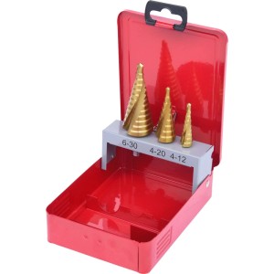 KS TOOLS HSS TiN Stufenbohrer Satz, 3-teilig, in offener roter Stahlblechkassette. Goldene Bohrer für Metall.