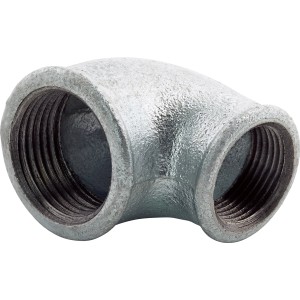 90-Grad-Winkel Fitting aus Temperguss, verzinkt, mit Innengewinde für Rohrverbindungen.