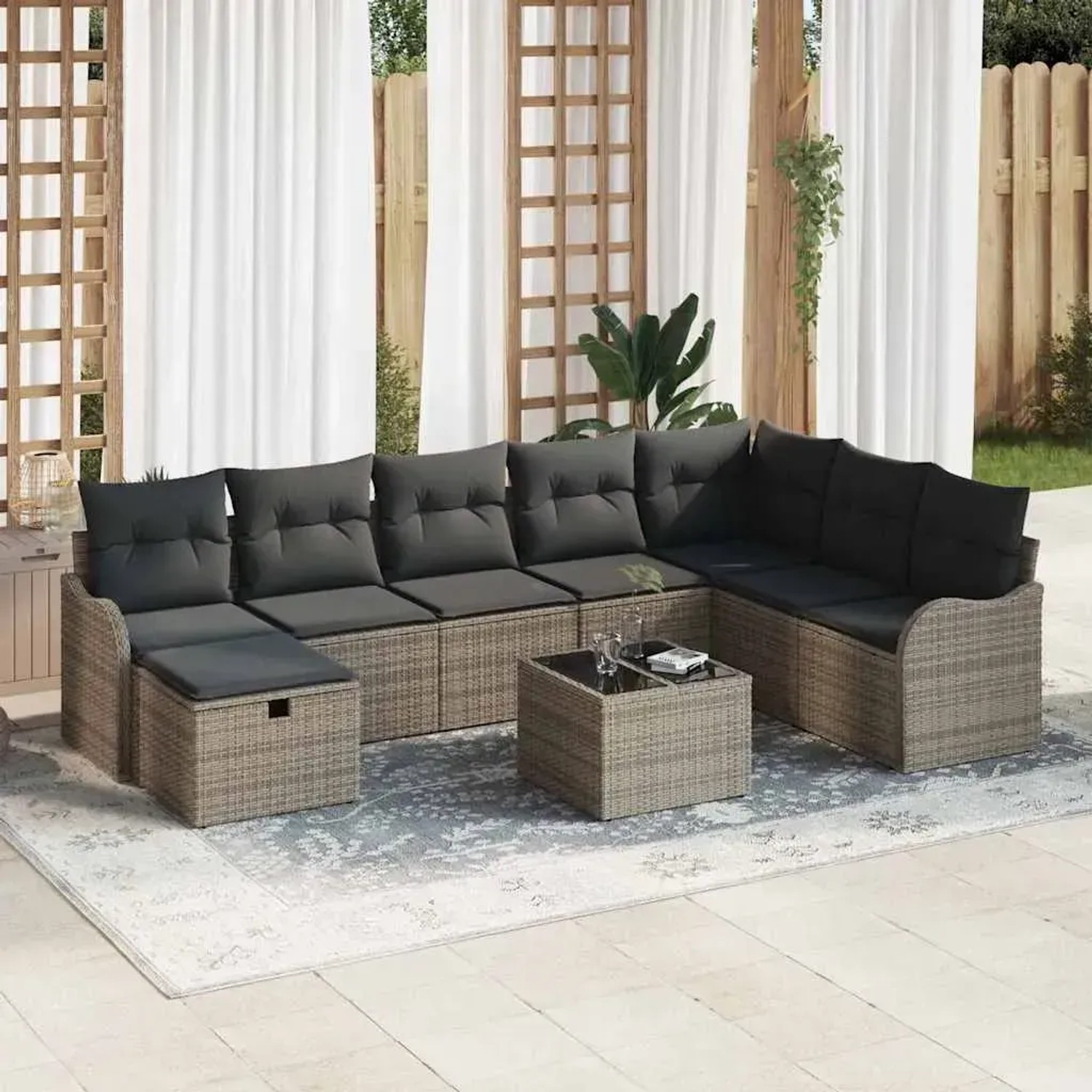 Graues 9-teiliges vidaXL Garten-Sofa-Set aus Poly Rattan mit Kissen und Tisch.