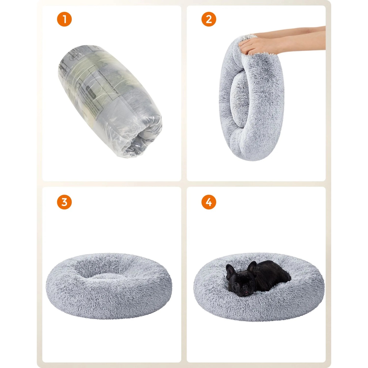 Graues, flauschiges Hundebett (70 cm) im Aufbau, von vakuumverpackt bis zum schlafenden Hund auf der weichen Liegefläche.