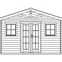 Illustration: Skan Holz Gartenhaus Davos 1, 380x300 cm, Naturholz mit Doppeltür und Fenstern.