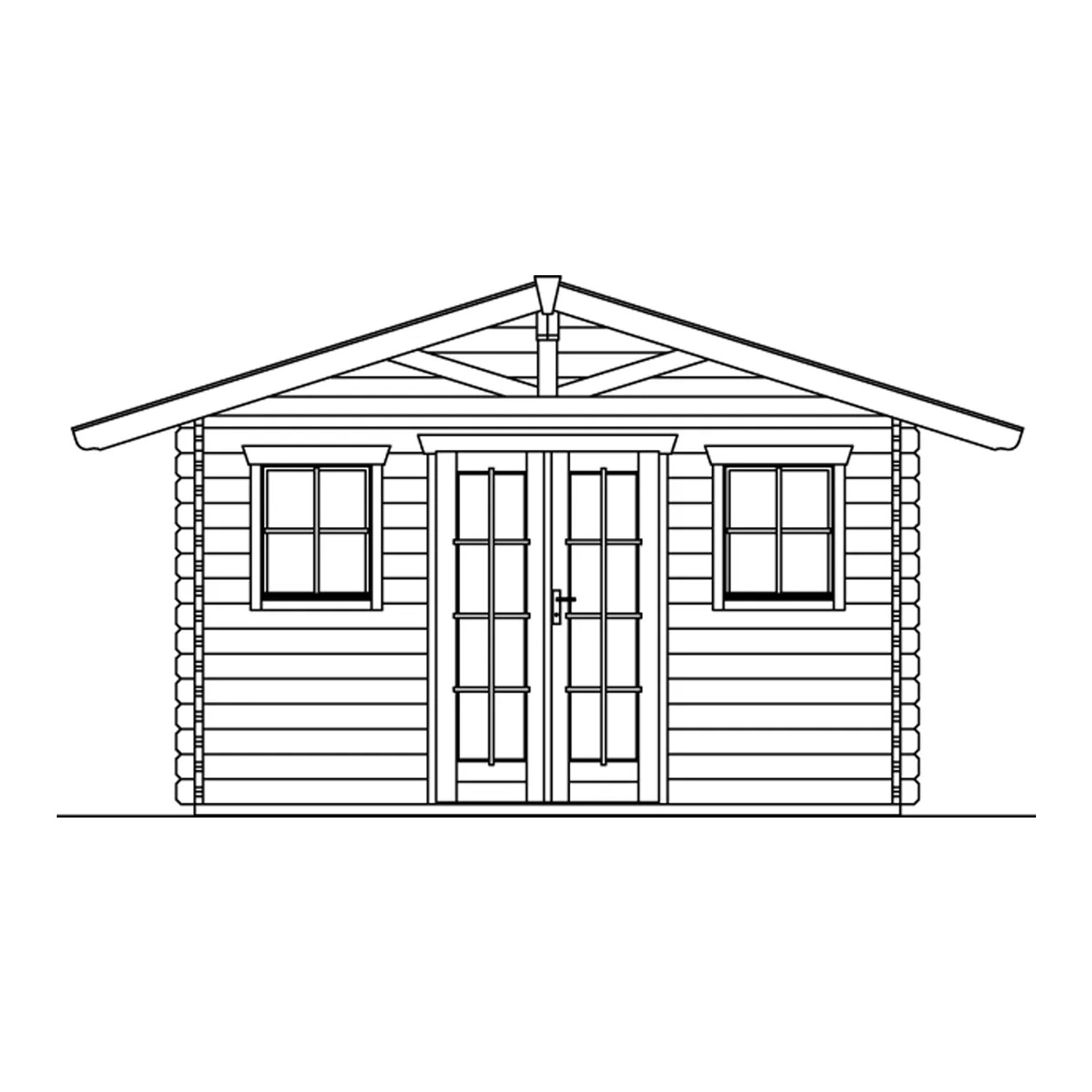 Illustration: Skan Holz Gartenhaus Davos 1, 380x300 cm, Naturholz mit Doppeltür und Fenstern.