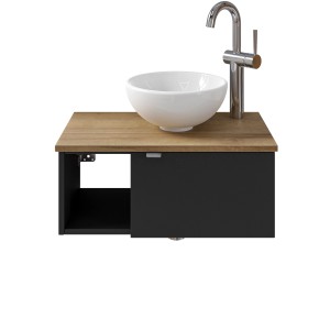 Pelipal Einzelwaschtisch Serie 6915, 61 cm, Schwarz, mit Aufsatzwaschbecken und Armatur.