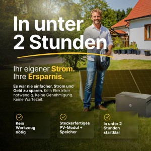 Mann installiert Solakon Balkonkraftwerk 900W im Garten. Steckerfertige Solaranlage mit Modulen und Speicher für eigenen Strom.