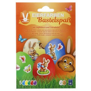 Eierfarben Bastelspaß Set mit Aufklebern und Deko für bunte Ostereier.