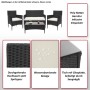 4-teilige Poly-Rattan Lounge-Garnitur in Braun mit creme-farbenen Kissen und Glas-Tisch.