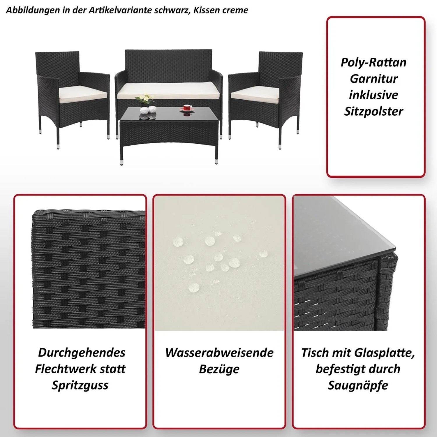 4-teilige Poly-Rattan Lounge-Garnitur in Braun mit creme-farbenen Kissen und Glas-Tisch.