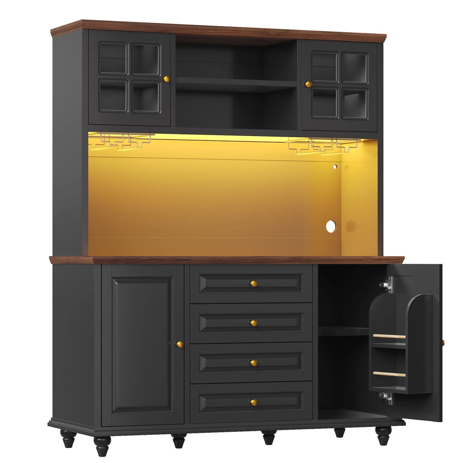 Merax Highboard Küchenschrank mit RGB-LED  Verstellbaren Böden  Weinglashalter  Schwarz