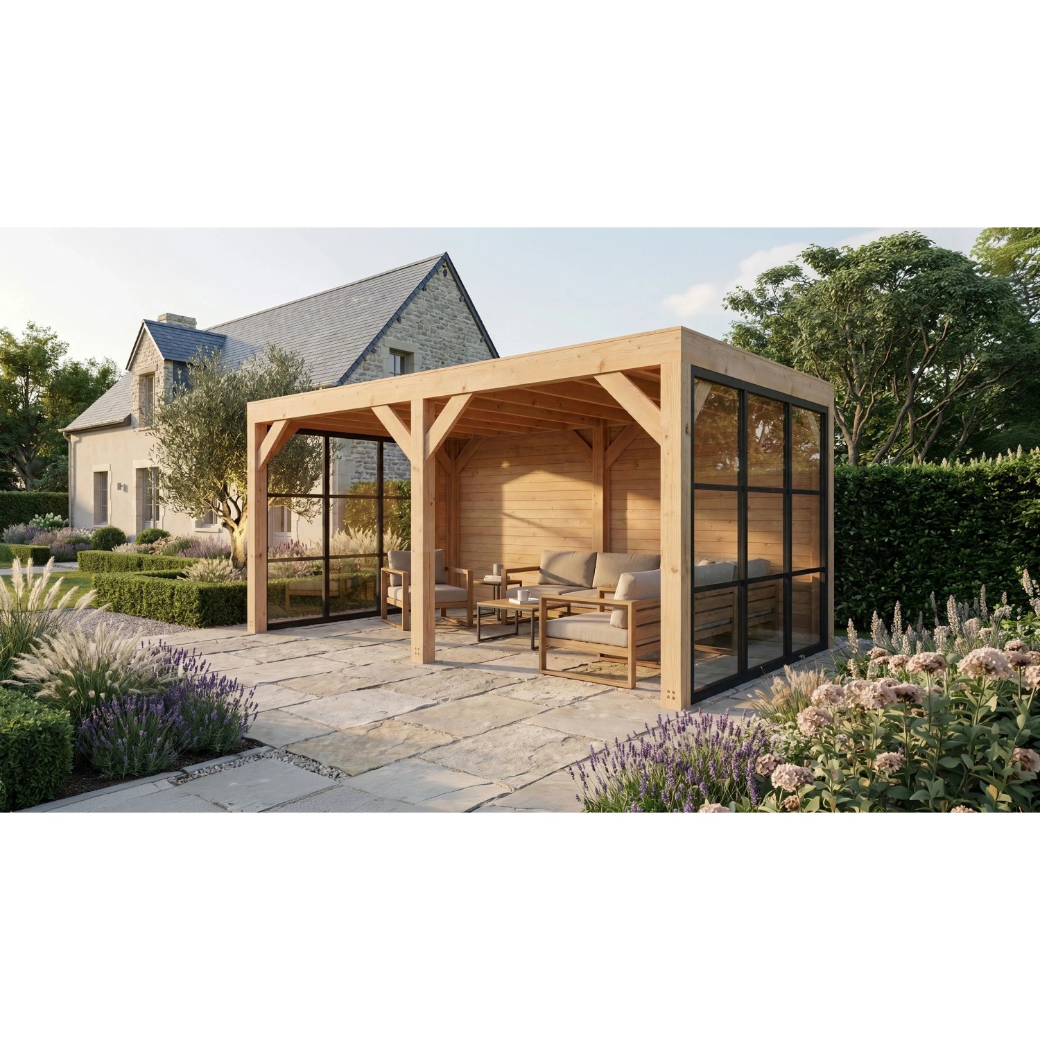 Moderne weka Gartenlaube Lumley aus Fichte mit Flachdach, Glaswänden im Sprossenlook, als Terrassenüberdachung mit Lounge.