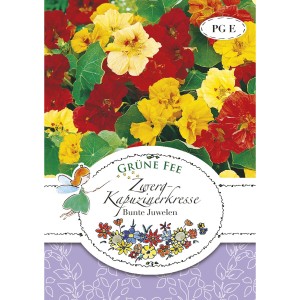 Samenpackung Grüne Fee Zwerg-Kapuzinerkresse Bunte Juwelen mit gelben und roten Blüten.