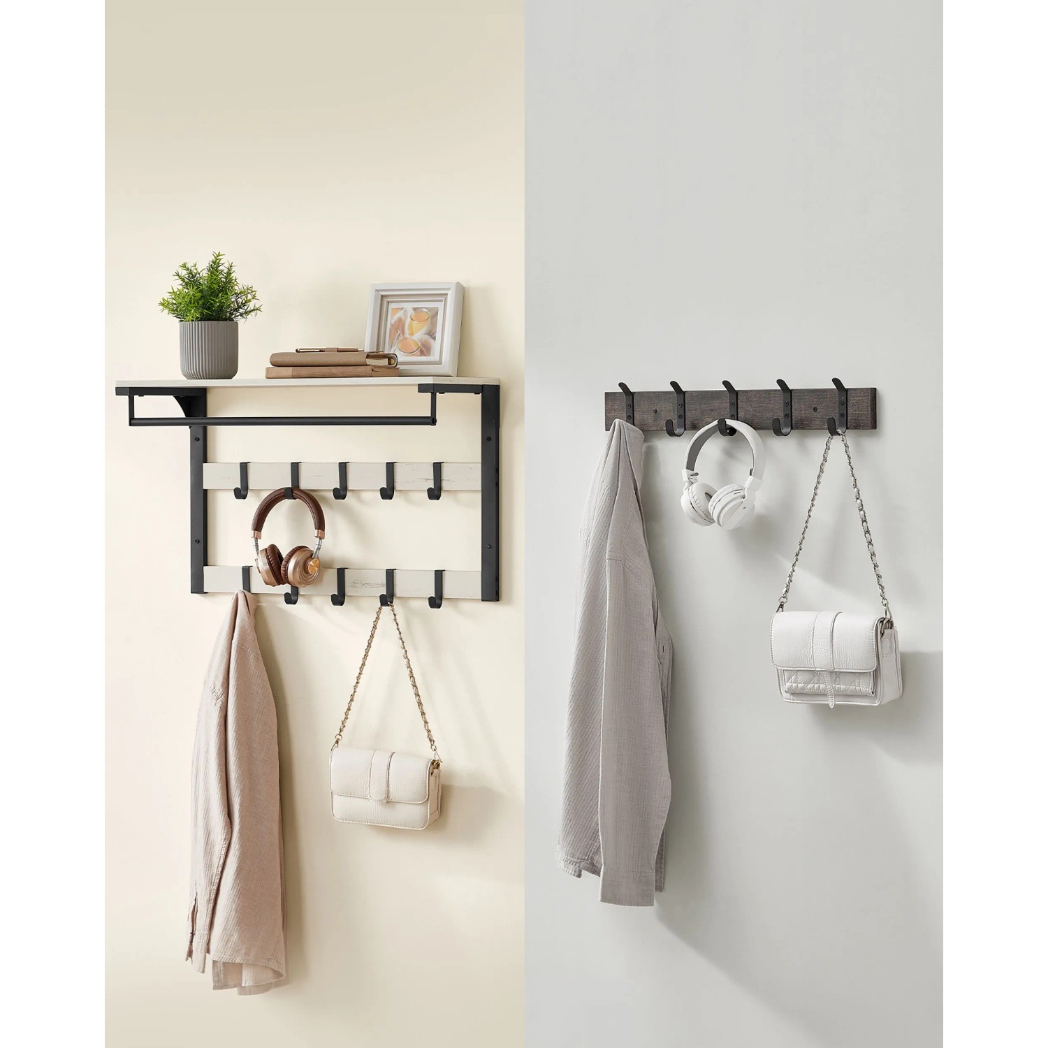 Songmics Wandgarderobe Barnet-old mit Ablage, 10 Haken, weiß-schwarz. Herrendiener für Flur und Eingangsbereich.