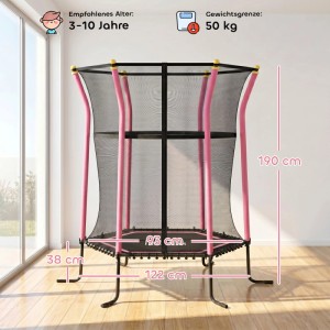 Rosa-schwarzes Kindertrampolin mit Sicherheitsnetz, gepolsterten Pfosten und Stahlrahmen. Für Innen- & Außenbereich, 122x111x190 cm.