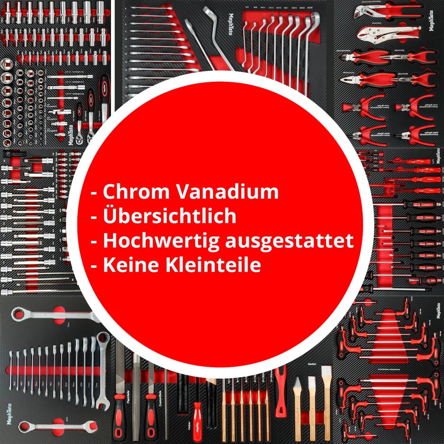 Mephisto Werkzeugwagen mit Werkzeug-Set: Schraubenschlüssel, Zangen, Schraubendreher und mehr im Werkstattwagen.