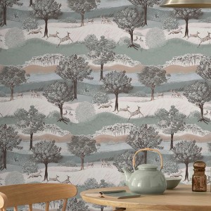 Laura Ashley Vliestapete Hartingdon Jade Green mit Landschaftsmotiv und Hirschen.
