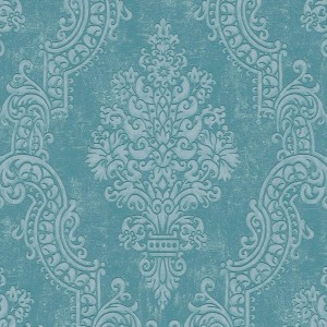Schimmernde Barock Tapete in Blau-Türkis mit Ornament Muster für stilvolle Wände.
