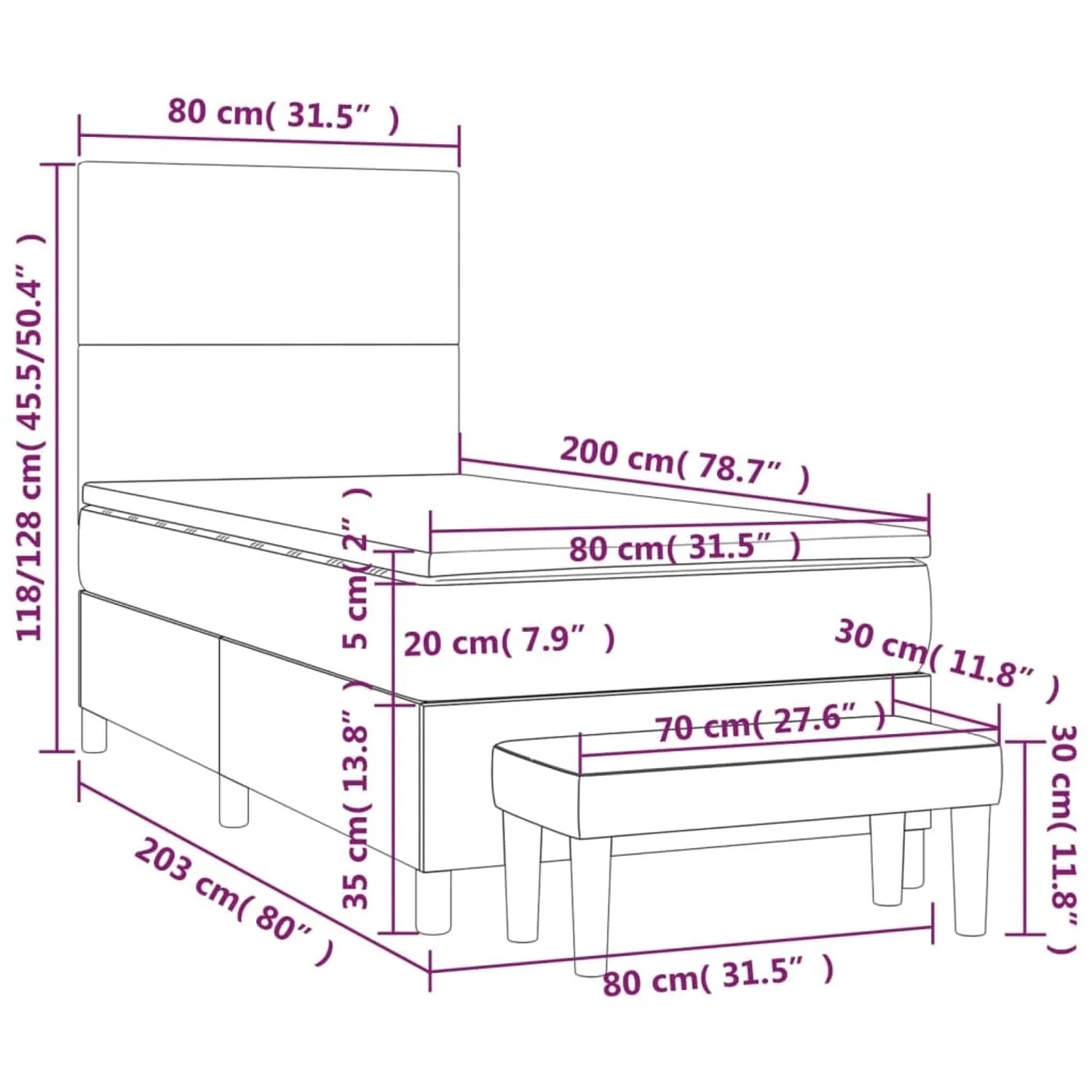 vidaXL Boxspringbett dunkelbraun (80x200 cm) mit Matratze und Bank, Maßeinteichnung.