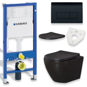 Bad Land WC SET Vorwandelement Geberit Duofix + Toilette ROLO Schwarz + Platte in Schwarz