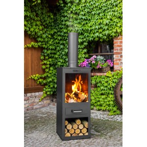 Schwarzer CookKing Gartenofen Rosa aus Stahl mit Holzscheiten und Rauchabzug.