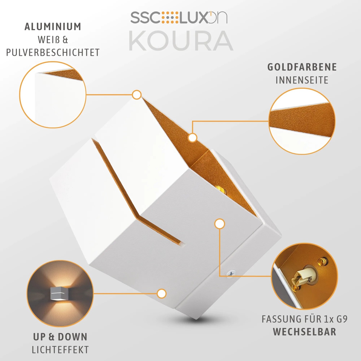 2er Set SSC-LUXon KOURA Wandleuchten, weiß/gold, G9 Fassung für Innenraum.