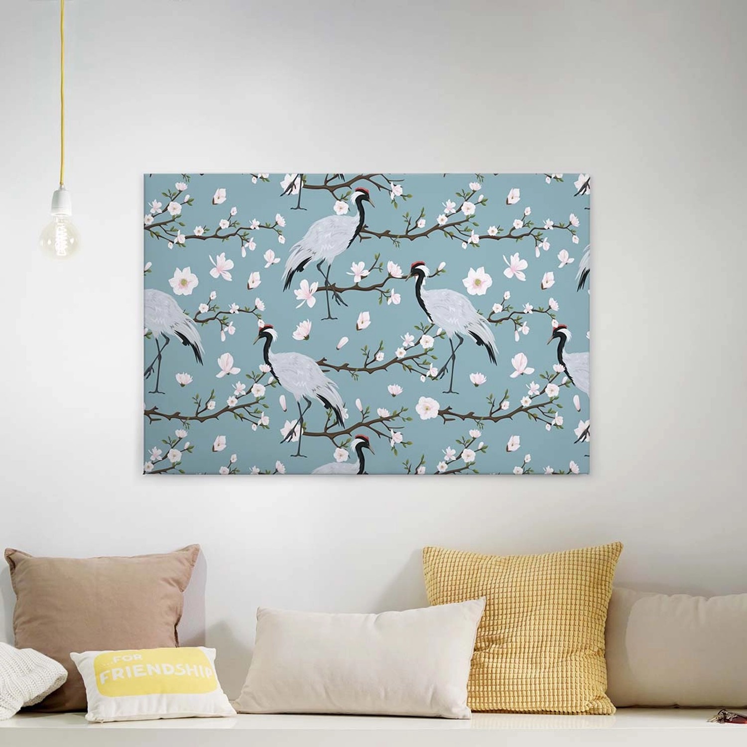 Bricoflor Leinwandbild Mit Kranich Wandbild Mit Vogel Und Kirschblüten In Blau Und Weiß Schlafzimmer Canvas Keilrahmen B
