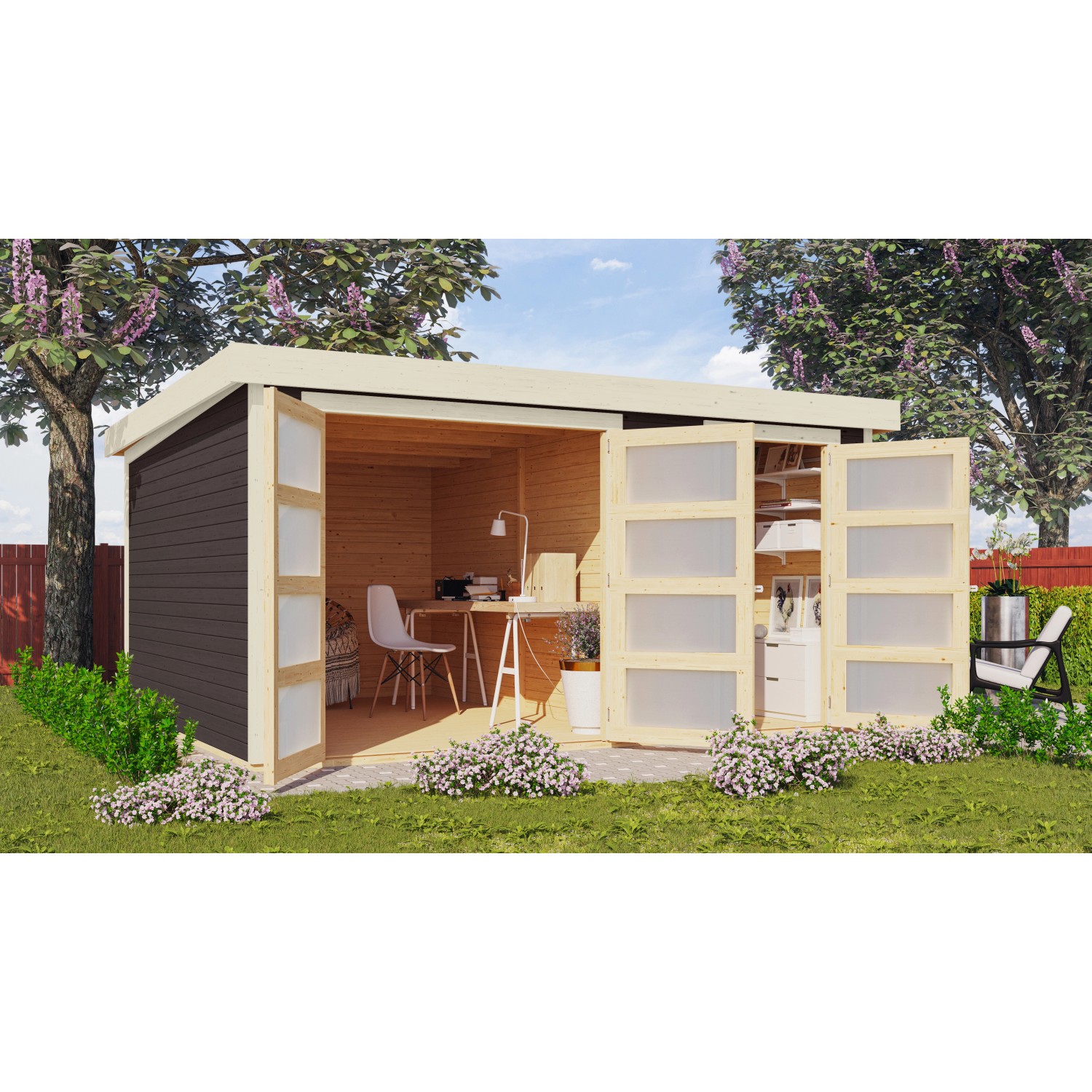 Karibu Gartenhaus/Gerätehaus Mühlentrup 3 Terragrau 404 cm x 332,5 cm