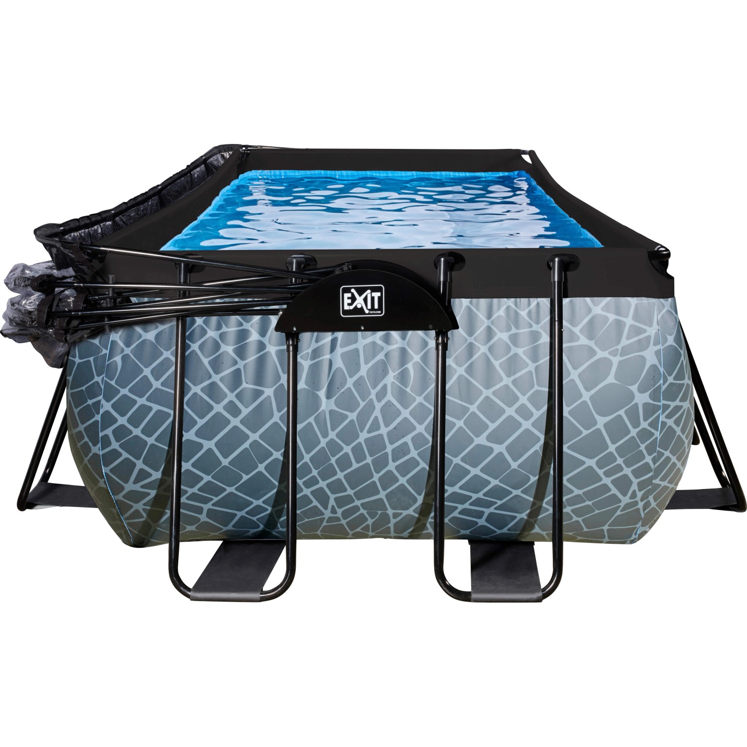 EXIT Stone Pool, 400x200x122 cm, grauer Stahlrahmenpool mit Abdeckung, Sandfilterpumpe und Wärmepumpe.