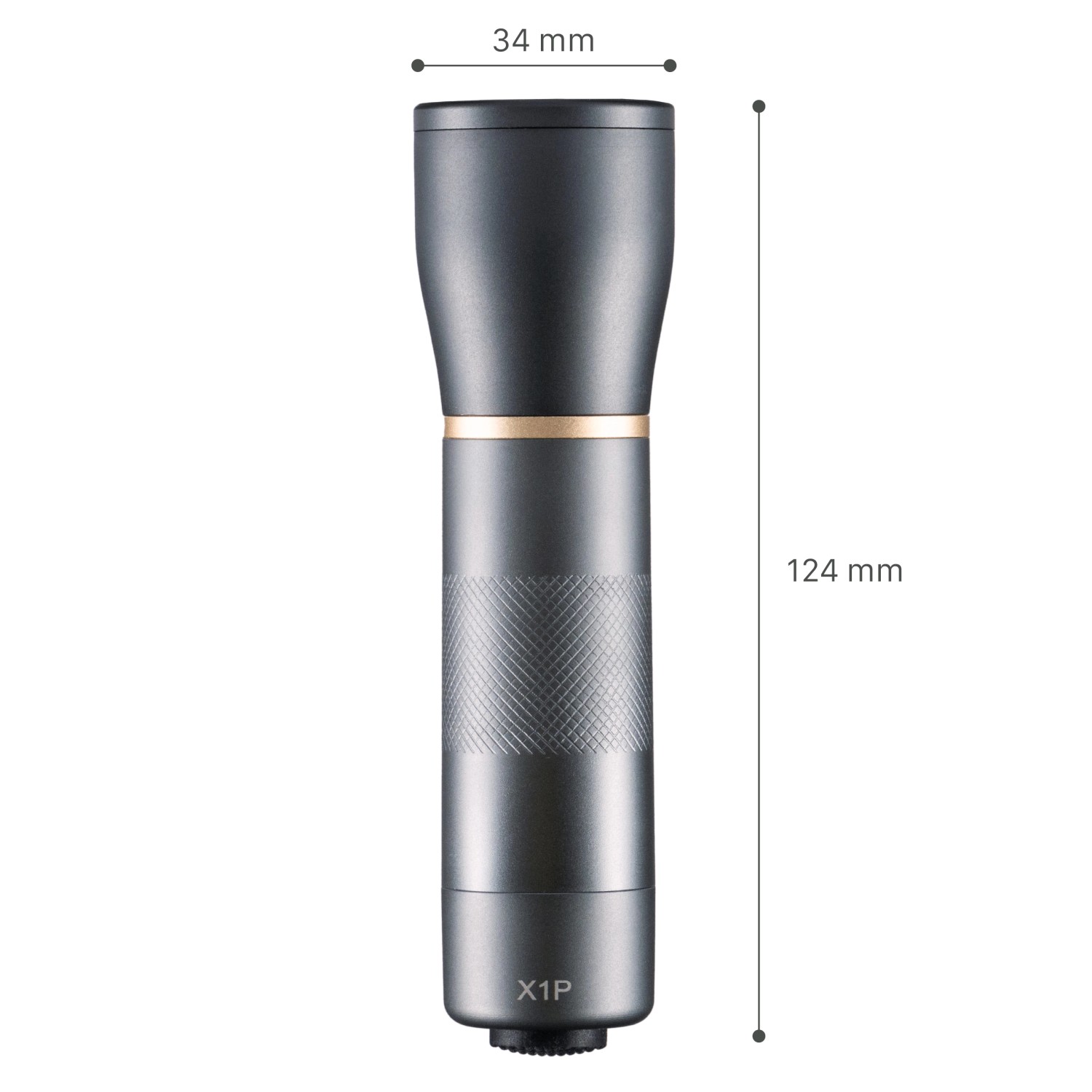 LED's Work Taschenlampe, 450lm, dimmbar und zoombar, graues Gehäuse mit Maßangaben.