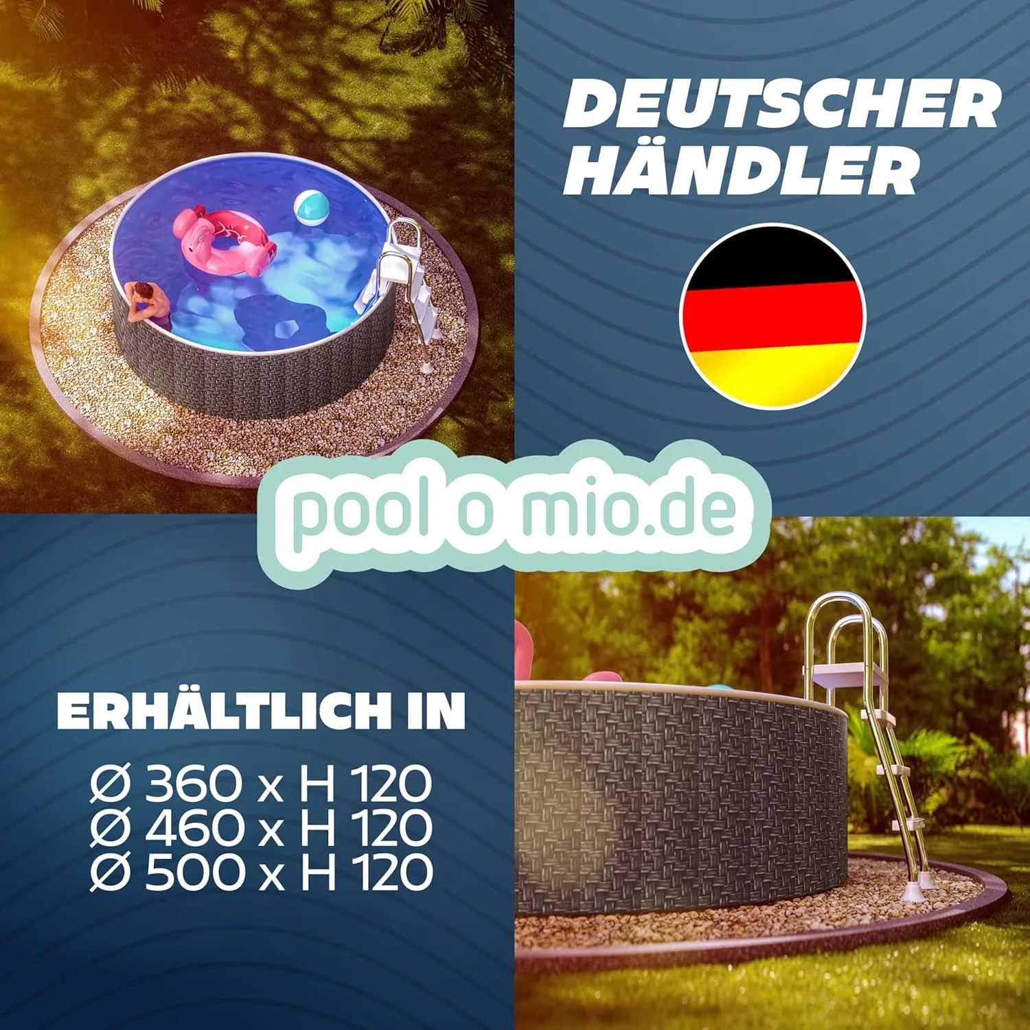 Runder Poolomio Stahlwandpool 460x120 cm in Rattanoptik mit Leiter, Skimmer und Einlaufdüse.