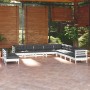 Weißes 11-tlg. vidaXL Garten-Lounge-Set aus Kiefernholz mit anthrazitfarbenen Kissen.