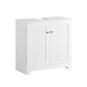 Weißer SoBuy Waschbeckenunterschrank (60 cm) mit zwei Türen und silbernen Griffen.