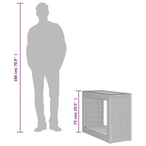 Grauer vidaXL Garten-Beistelltisch aus Rattan mit Holzplatte und Ablage, Maße werden angezeigt.